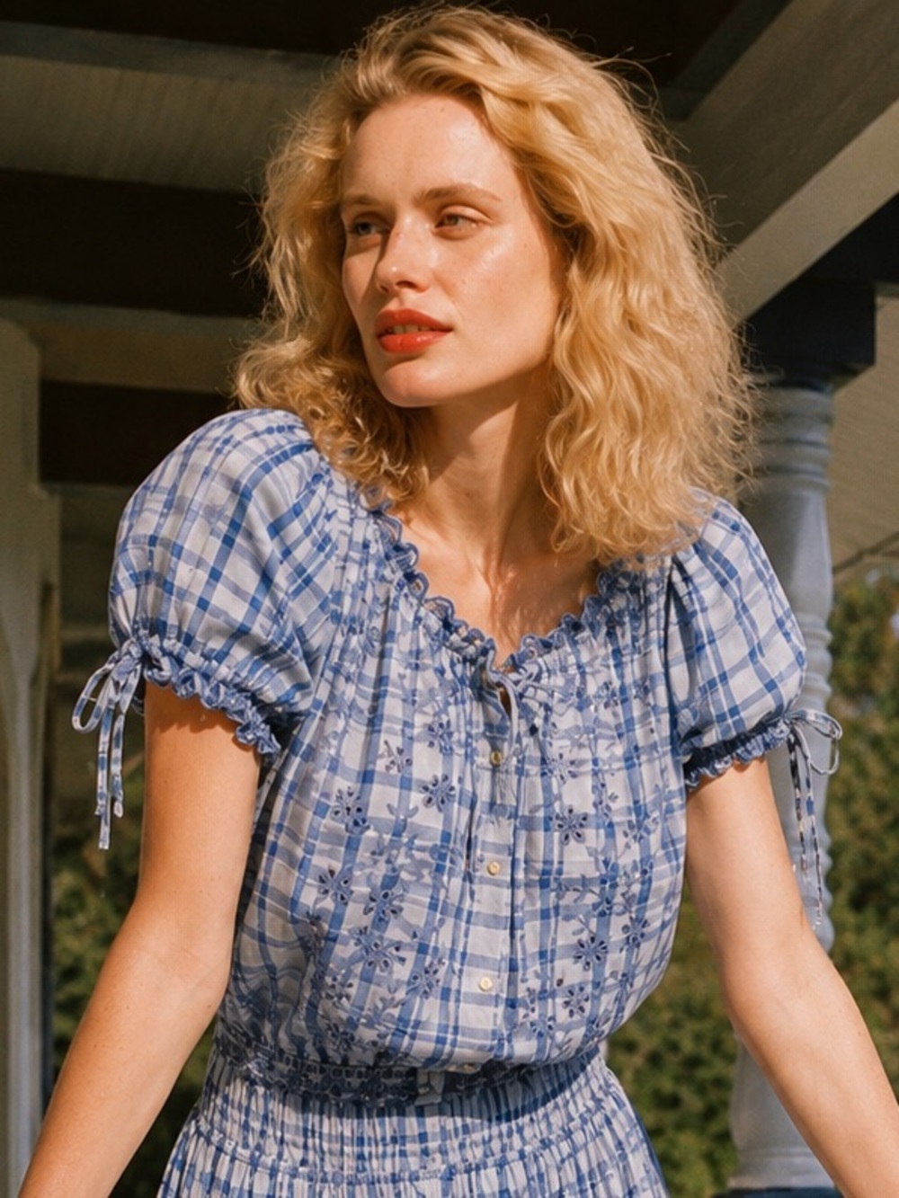 Free Assembly Blue Plaid Embroidered Puff Sleeve Cottagecore Blouse XS
